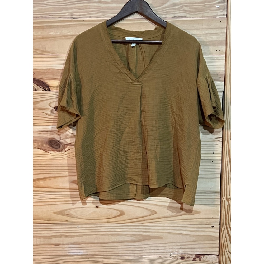 Grade & Gather Gold Mustard Cotton Gauze V-Neck Raw Edge Boho Lagenlook Womens M